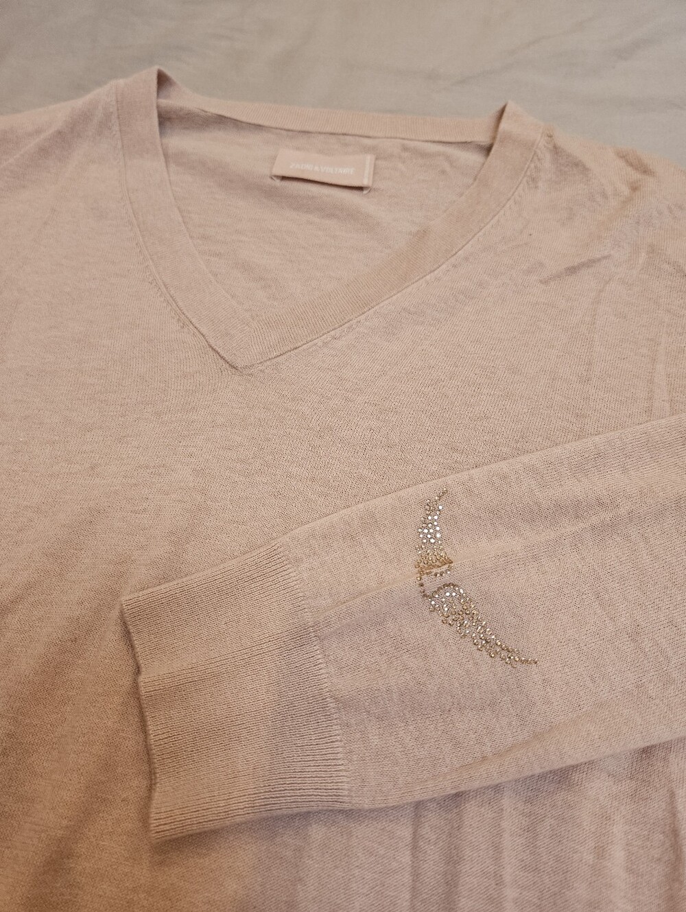 Zadig & Voltaire Cashmere Blush Pink V Neck Sweater Rhinestone Wings Sleeve